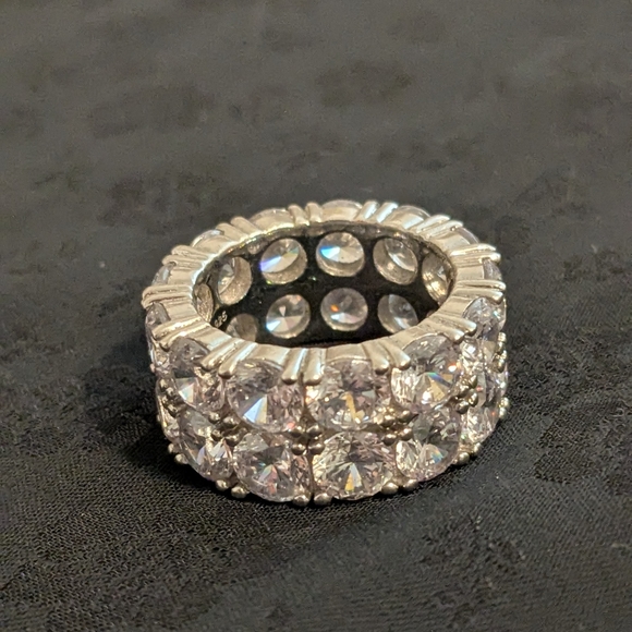 Trendy 925 Solid Sterling Silver Double Row CZ Tennis Ring - Picture 3 of 7
